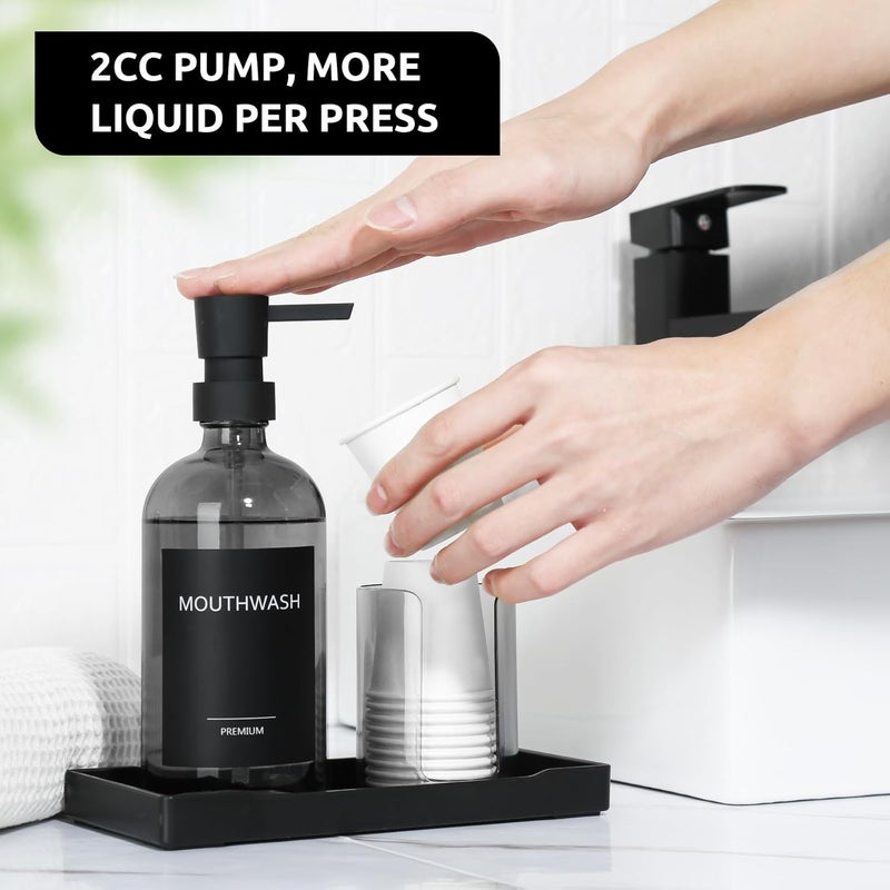 TOLDATLI Mouthwash Dispenser for Bathroom, Glass Mouth Wash Pump Dispenser with Cup Holder, 17 Fl Oz Mouthwash Bottle Decanter with Tray, Refillable Mouthwash Dispenser Container (Clear Black) - Image 4